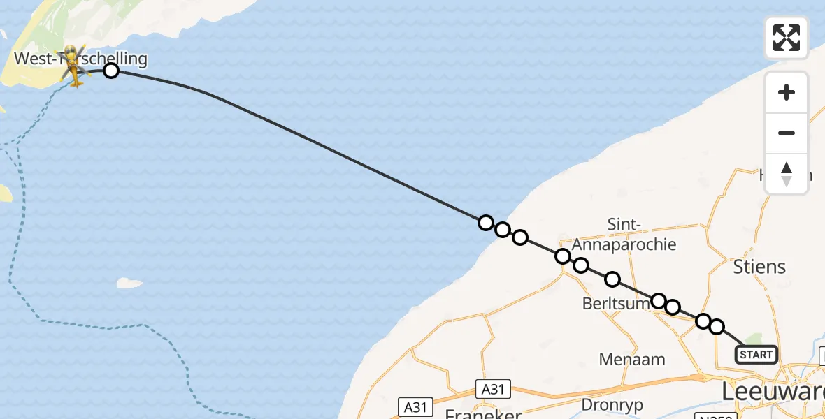 Vluchtroute Ambulancehelikopter Vliegbasis Leeuwarden - West-Terschelling, 17 juni 2026, 12:04
