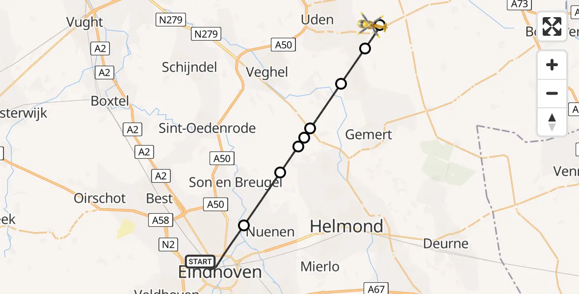 Vluchtroute Traumahelikopter Eindhoven - Vliegbasis Volkel, 17 juni 2026, 12:21