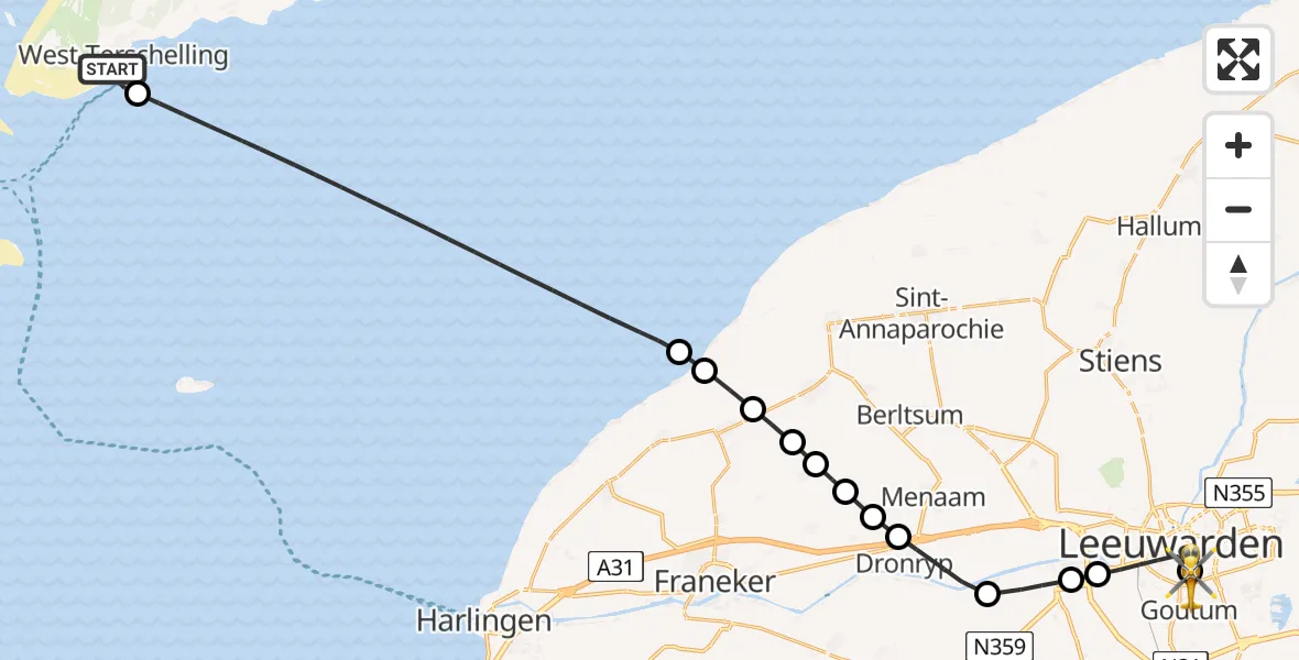 Vluchtroute Ambulancehelikopter West-Terschelling - Leeuwarden Medical Center Heliport, 17 juni 2026, 12:47