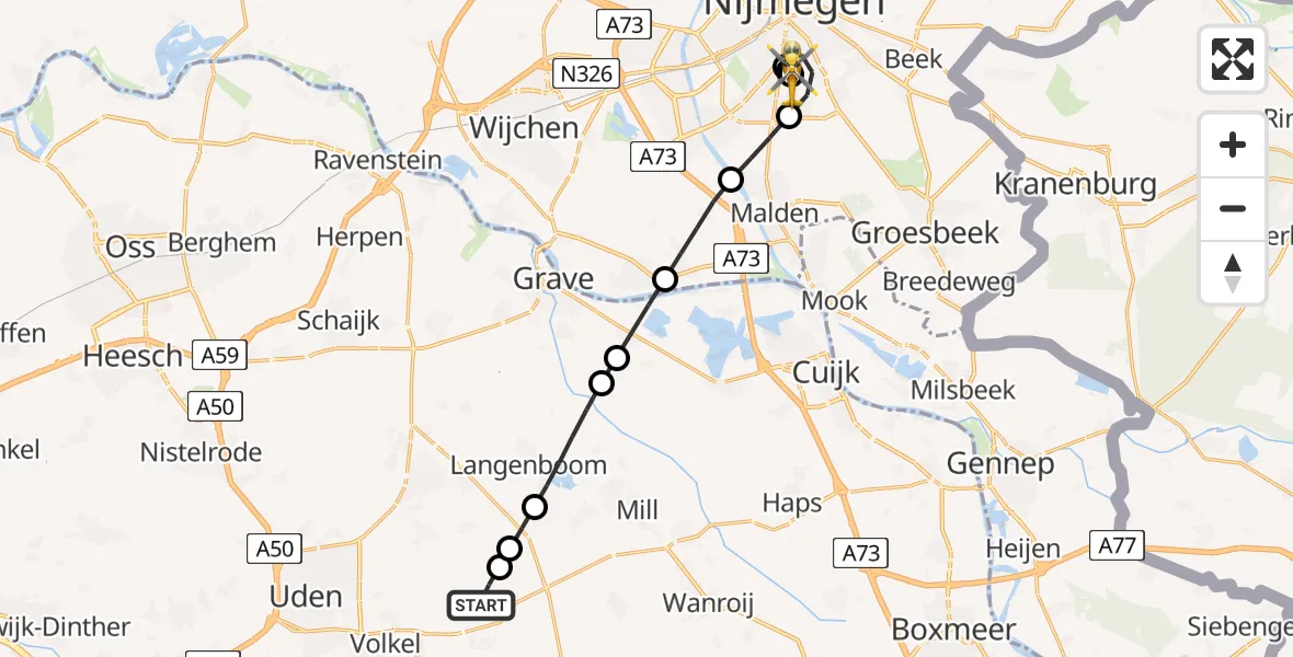 Vluchtroute Traumahelikopter Vliegbasis Volkel - Radboud University Medical Center Heliport, 17 juni 2026, 14:43