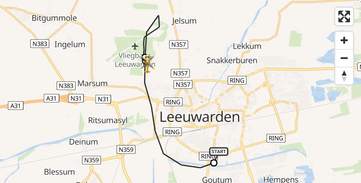 Vluchtroute Ambulancehelikopter Leeuwarden Medical Center Heliport - Vliegbasis Leeuwarden, 17 juni 2026, 14:57