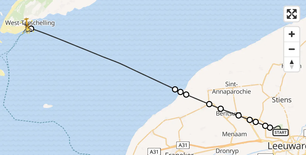 Vluchtroute Ambulancehelikopter Vliegbasis Leeuwarden - West-Terschelling, 17 juni 2026, 15:20
