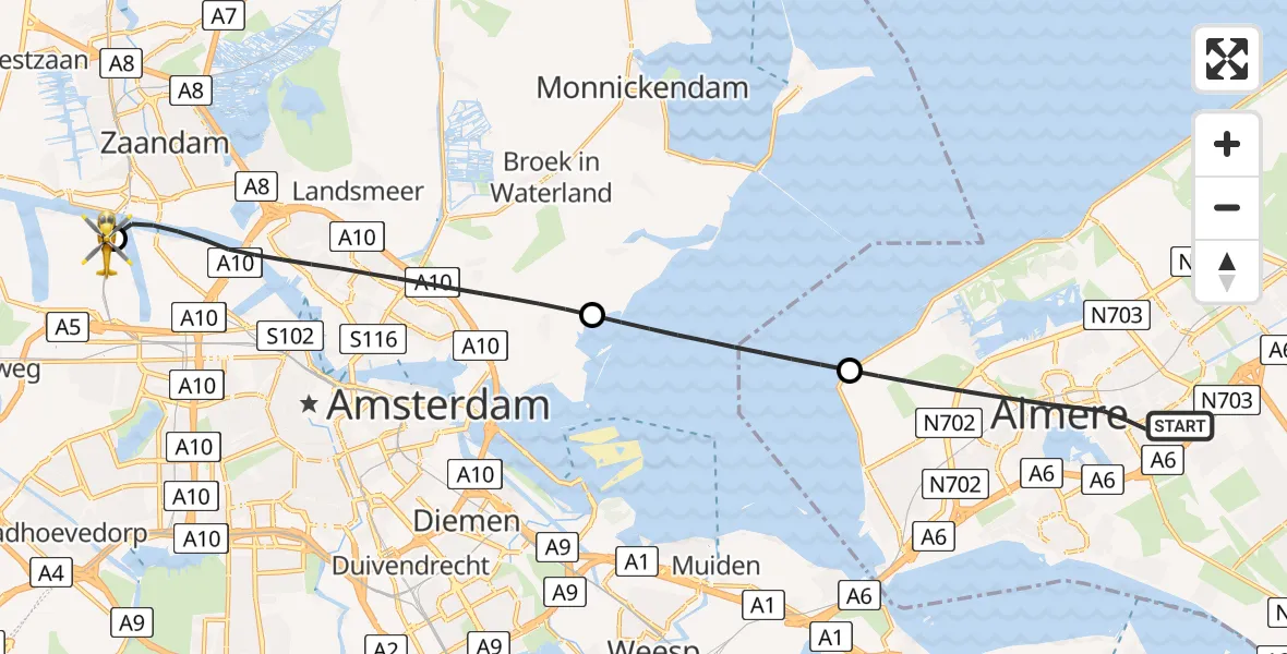 Vluchtroute Traumahelikopter Almere - Amsterdam Heliport, 17 juni 2026, 15:51