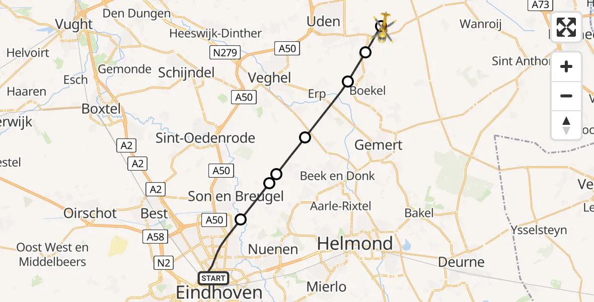 Vluchtroute Traumahelikopter Eindhoven - Vliegbasis Volkel, 17 juni 2026, 17:25