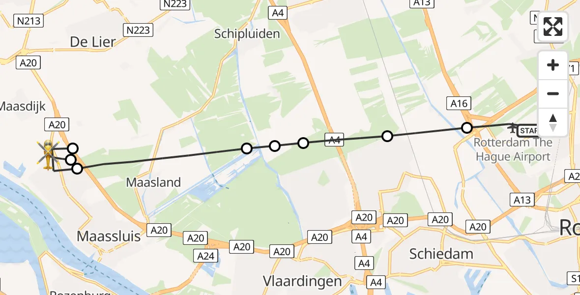 Vluchtroute Traumahelikopter Rotterdam The Hague Airport - Maassluis, 17 juni 2026, 18:34