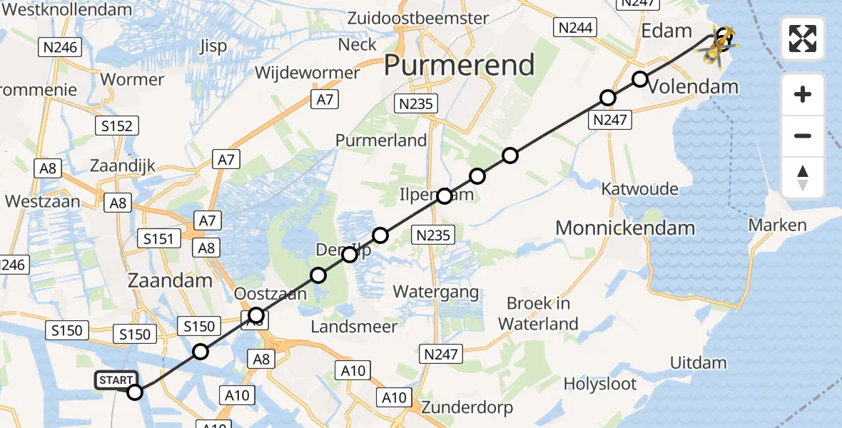 Vluchtroute Traumahelikopter Amsterdam Heliport - Volendam, 17 juni 2026, 18:58