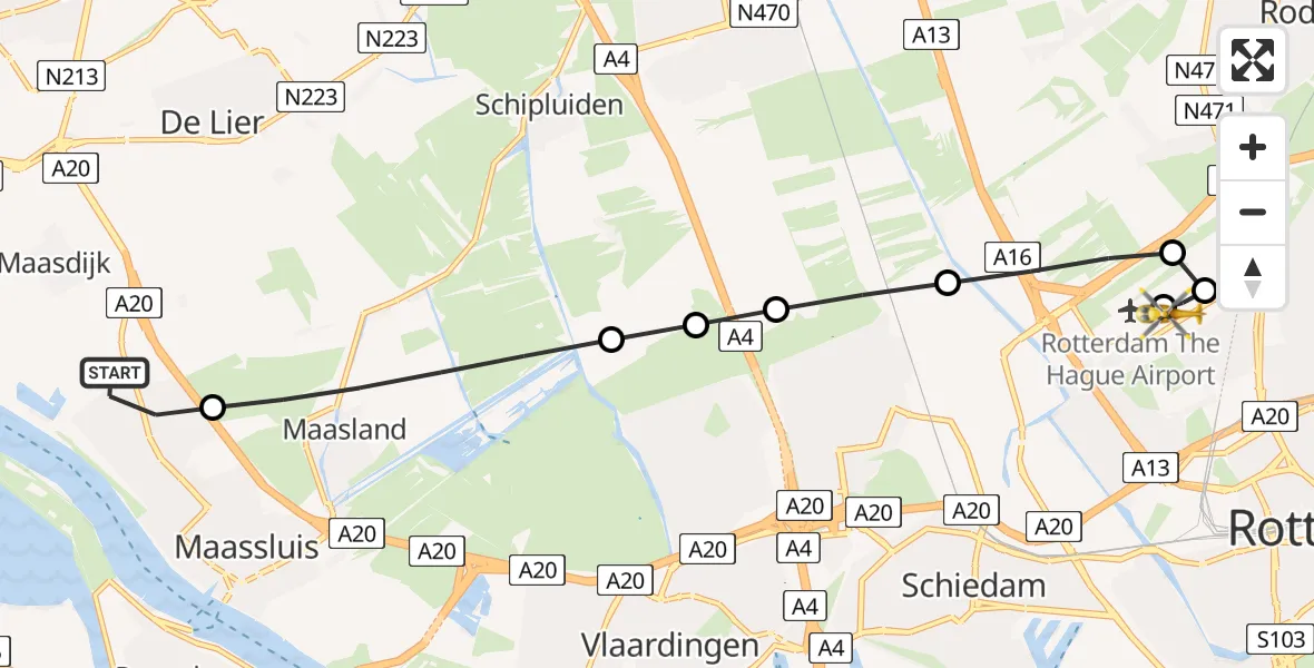 Vluchtroute Traumahelikopter Maassluis - Rotterdam The Hague Airport, 17 juni 2026, 19:10