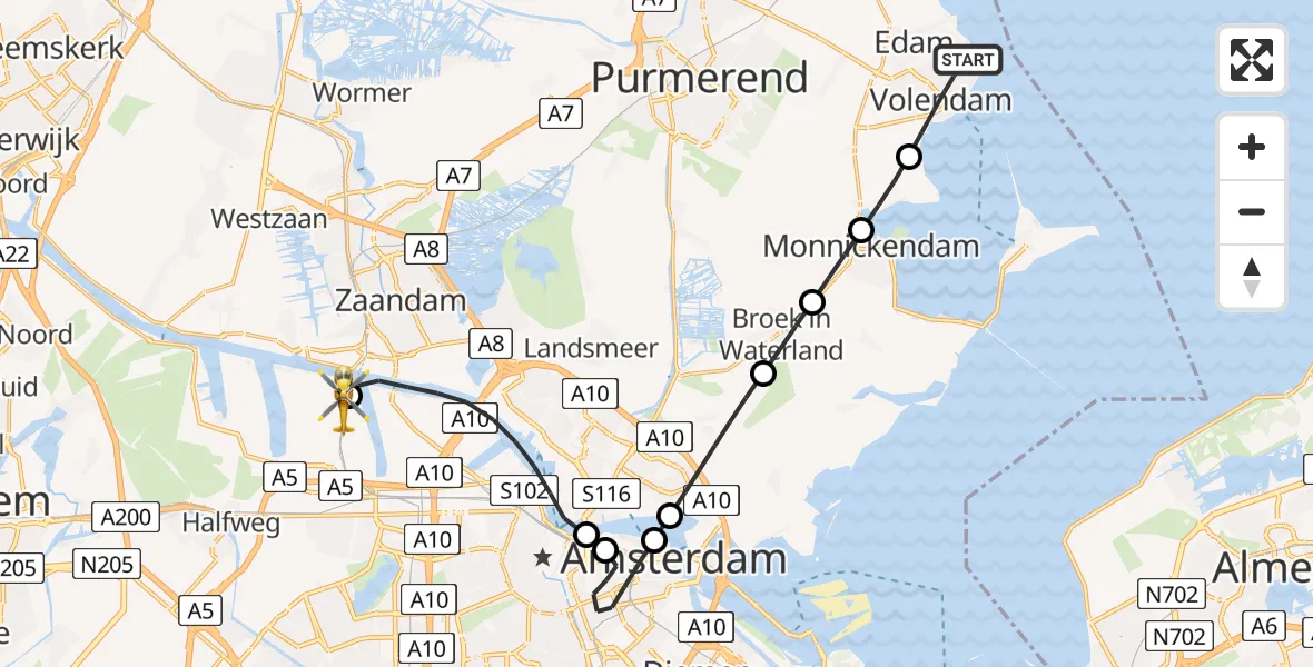 Vluchtroute Traumahelikopter Volendam - Amsterdam Heliport, 17 juni 2026, 19:36
