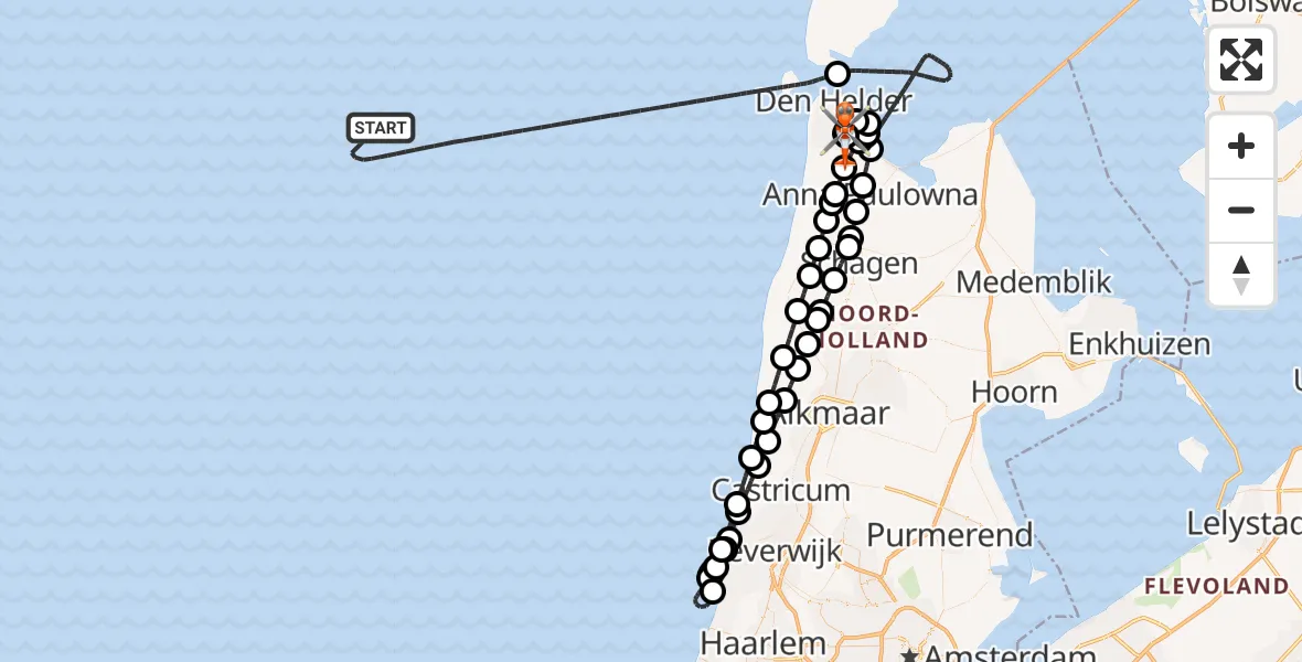 Vluchtroute Kustwachthelikopter Noordzee - Militair vliegveld De Kooy / Den Helder Airport, 17 juni 2026, 21:02