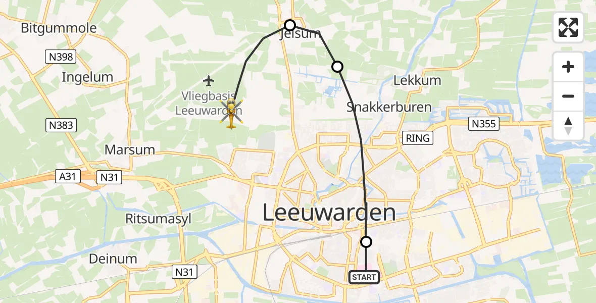 Vluchtroute Ambulancehelikopter Leeuwarden Medical Center Heliport - Vliegbasis Leeuwarden, 17 juni 2026, 21:52