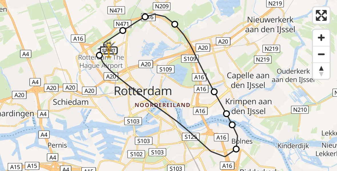 Vluchtroute Traumahelikopter Rotterdam The Hague Airport - Rotterdam The Hague Airport, 17 juni 2026, 23:01