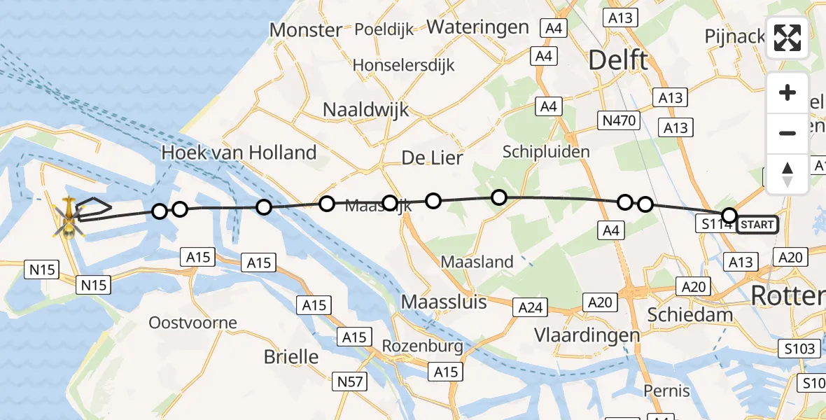 Vluchtroute Traumahelikopter Rotterdam The Hague Airport - Maasvlakte Rotterdam, 17 juni 2026, 23:37