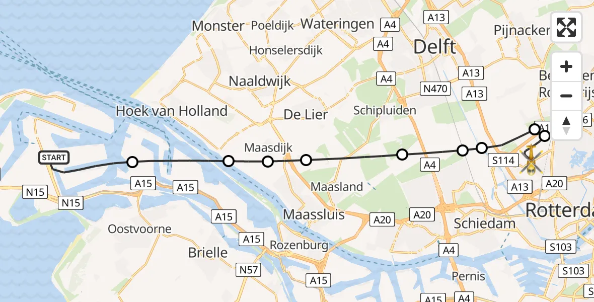 Vluchtroute Traumahelikopter Maasvlakte Rotterdam - Rotterdam The Hague Airport, 17 juni 2026, 23:52