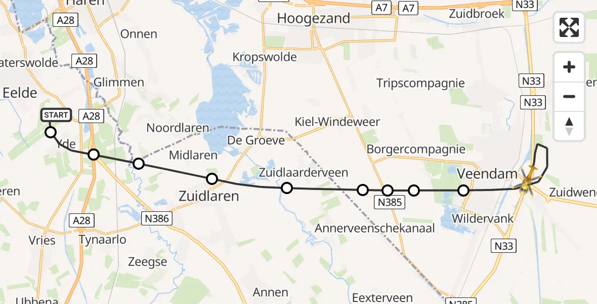 Vluchtroute Traumahelikopter Groningen Airport Eelde - Veendam, 18 juni 2026, 01:50