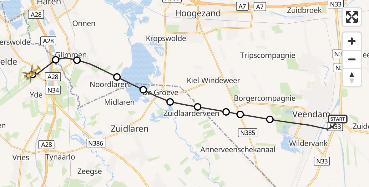 Vluchtroute Traumahelikopter Veendam - Groningen Airport Eelde, 18 juni 2026, 03:00