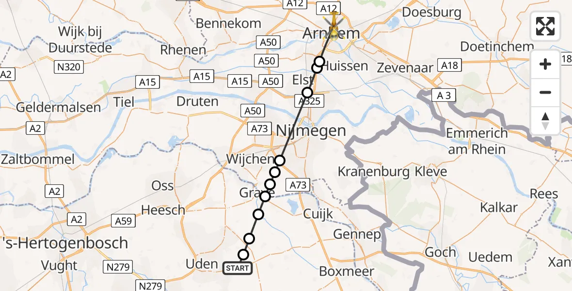 Vluchtroute Traumahelikopter Vliegbasis Volkel - Arnhem, 18 juni 2026, 06:12