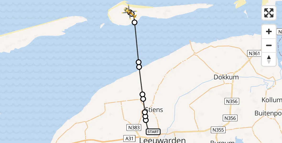 Vluchtroute Ambulancehelikopter Vliegbasis Leeuwarden - Ameland Vliegveld Ballum, 18 juni 2026, 09:46