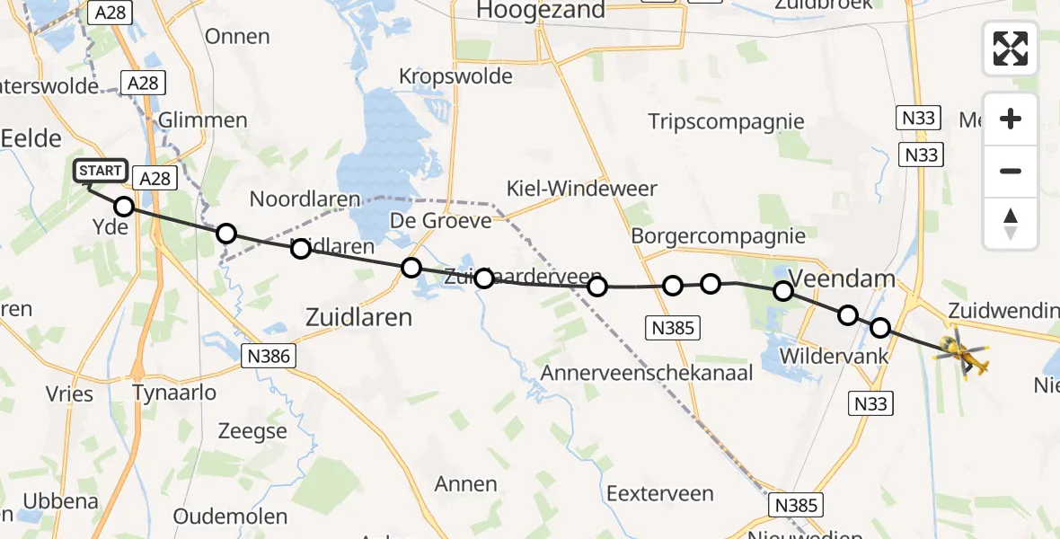 Vluchtroute Traumahelikopter Groningen Airport Eelde - Veendam, 18 juni 2026, 09:47