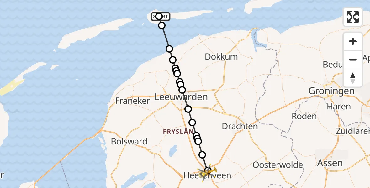 Vluchtroute Ambulancehelikopter Ameland Vliegveld Ballum - Heerenveen, 18 juni 2026, 10:13