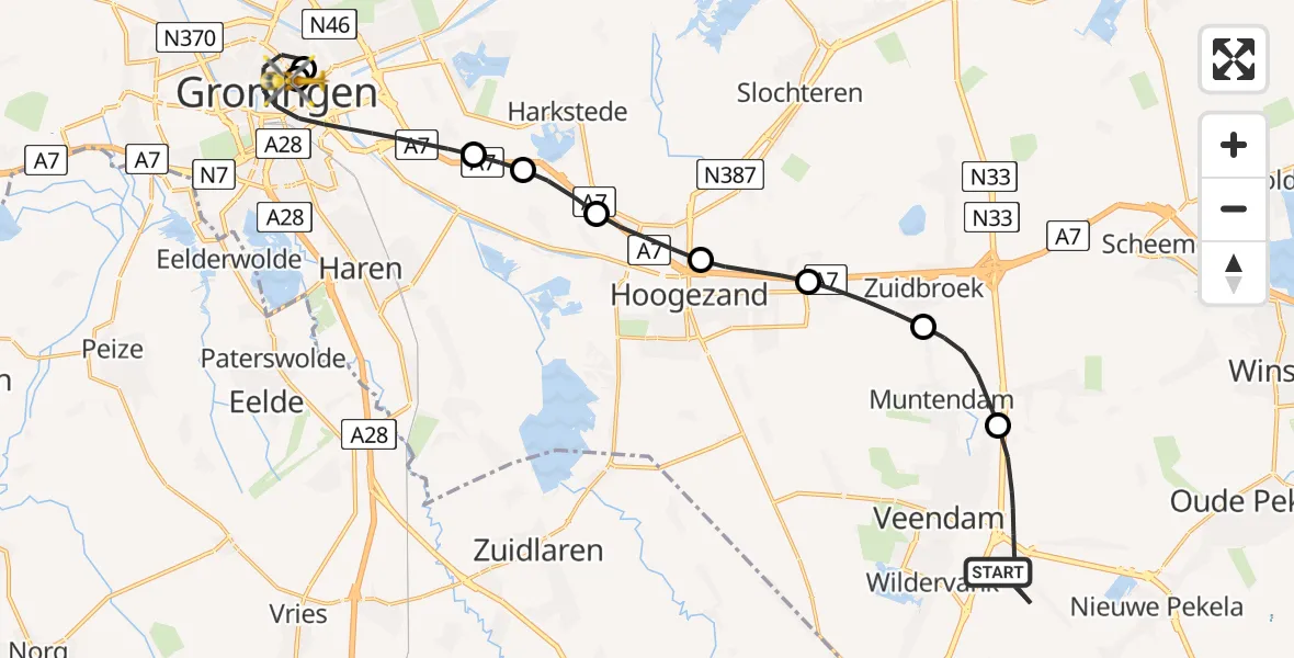 Vluchtroute Traumahelikopter Veendam - Universitair Medisch Centrum Groningen, 18 juni 2026, 10:20