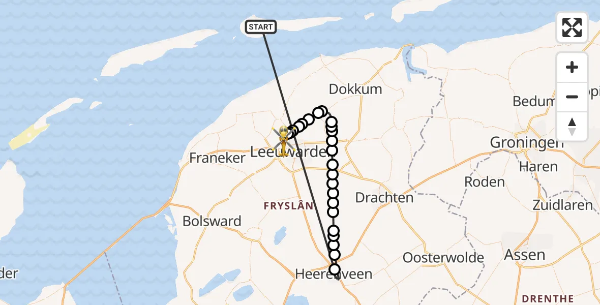 Vluchtroute Ambulancehelikopter Ameland Vliegveld Ballum - Vliegbasis Leeuwarden, 18 juni 2026, 10:48