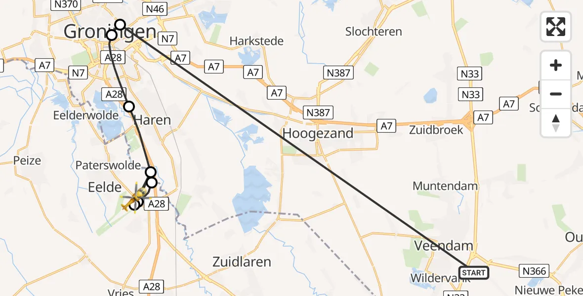Vluchtroute Traumahelikopter Veendam - Groningen Airport Eelde, 18 juni 2026, 11:00