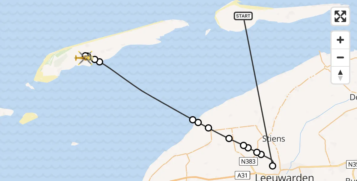 Vluchtroute Ambulancehelikopter Ameland Vliegveld Ballum - Terschelling Heliport, 18 juni 2026, 13:02