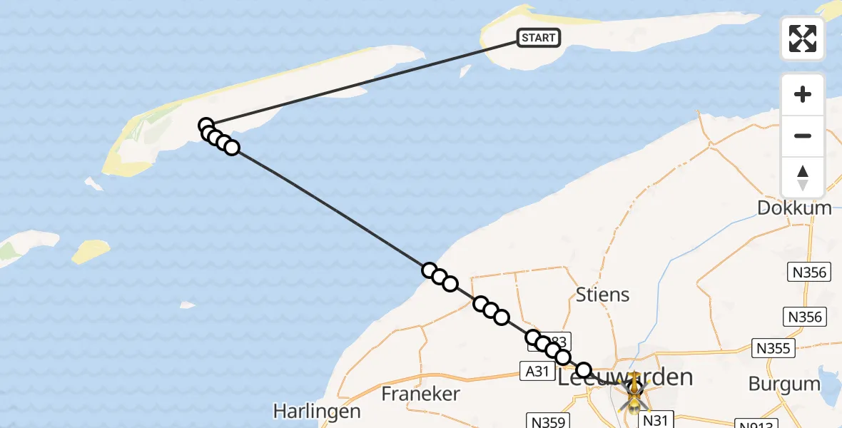 Vluchtroute Ambulancehelikopter Ameland Vliegveld Ballum - Leeuwarden Medical Center Heliport, 18 juni 2026, 13:26