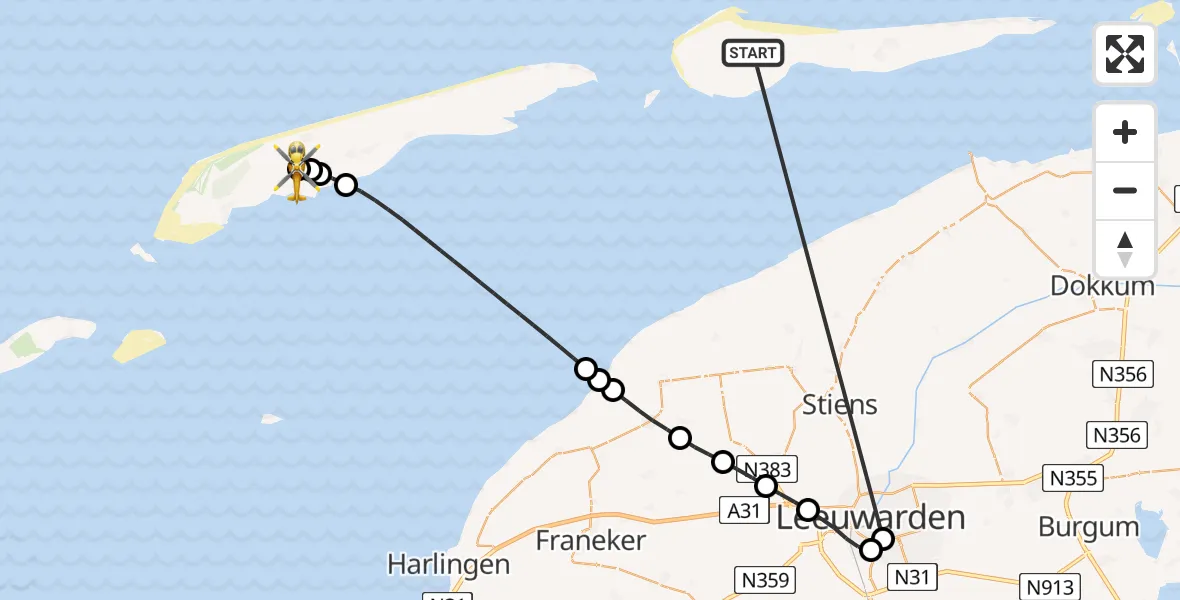 Vluchtroute Ambulancehelikopter Ameland Vliegveld Ballum - Terschelling Heliport, 18 juni 2026, 14:07