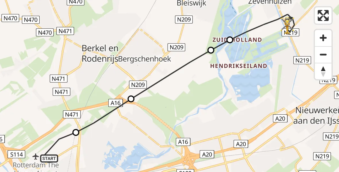 Vluchtroute Traumahelikopter Rotterdam The Hague Airport - Zevenhuizen, 18 juni 2026, 14:20