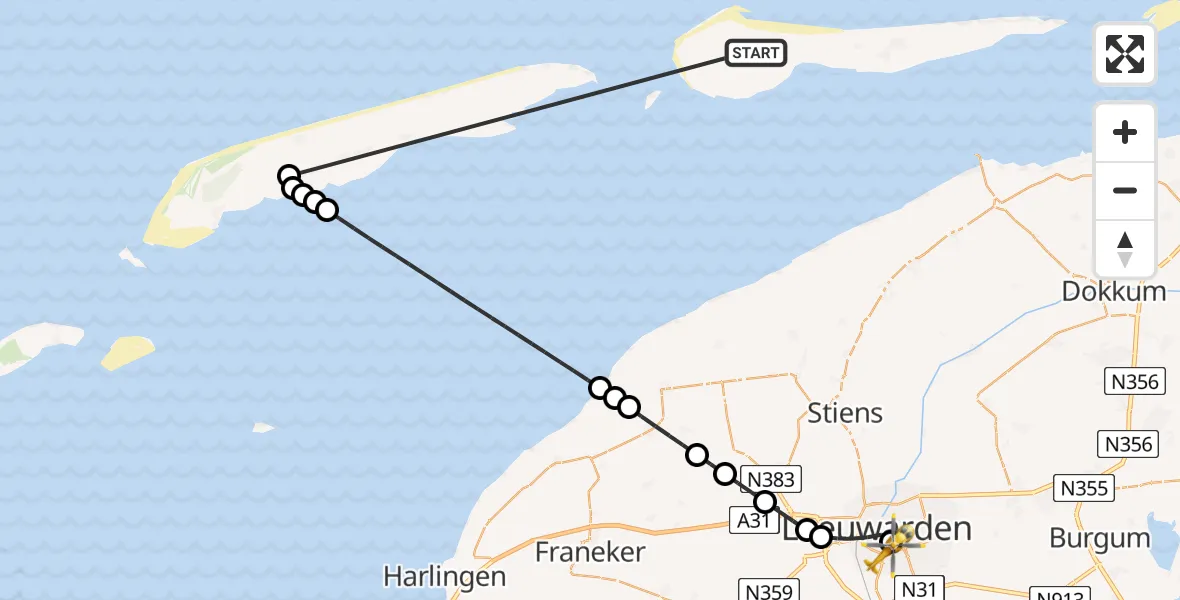 Vluchtroute Ambulancehelikopter Ameland Vliegveld Ballum - Leeuwarden Medical Center Heliport, 18 juni 2026, 14:33