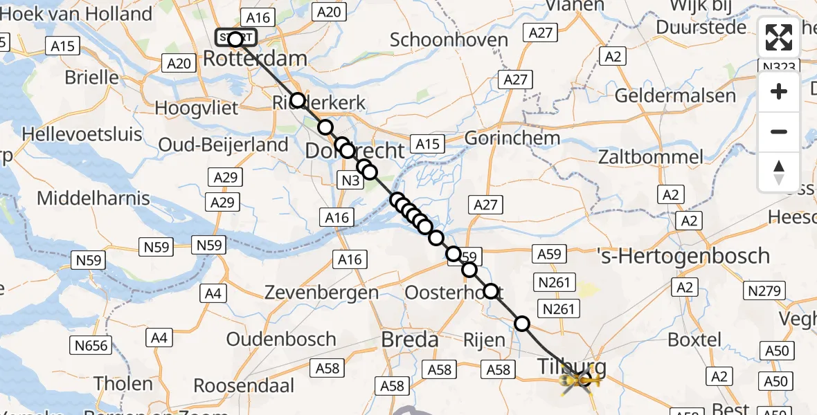 Vluchtroute Traumahelikopter Rotterdam The Hague Airport - St. Elisabeth Hospital Heliport, 18 juni 2026, 16:08