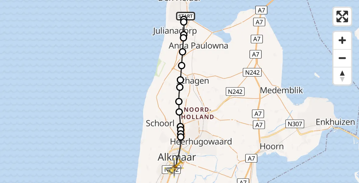 Vluchtroute Traumahelikopter Militair vliegveld De Kooy / Den Helder Airport - Alkmaar, 18 juni 2026, 16:13