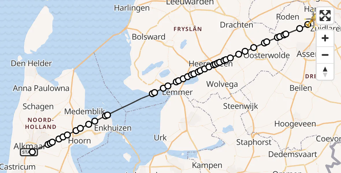 Vluchtroute Traumahelikopter Alkmaar - Groningen Airport Eelde, 18 juni 2026, 16:45