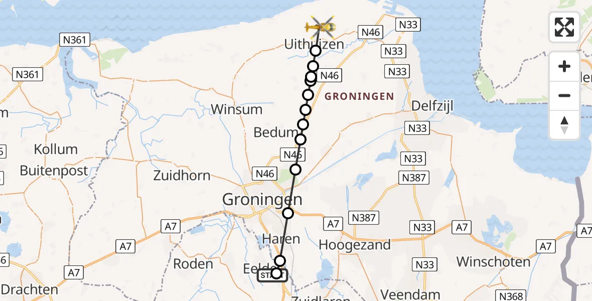 Vluchtroute Traumahelikopter Groningen Airport Eelde - Uithuizen, 18 juni 2026, 17:59