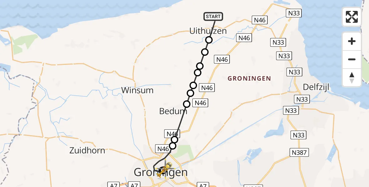 Vluchtroute Traumahelikopter Uithuizen - Universitair Medisch Centrum Groningen, 18 juni 2026, 18:41