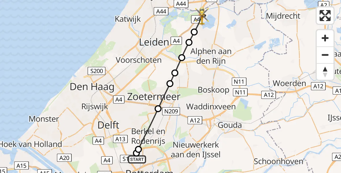 Vluchtroute Traumahelikopter Rotterdam The Hague Airport - Roelofarendsveen, 18 juni 2026, 19:00
