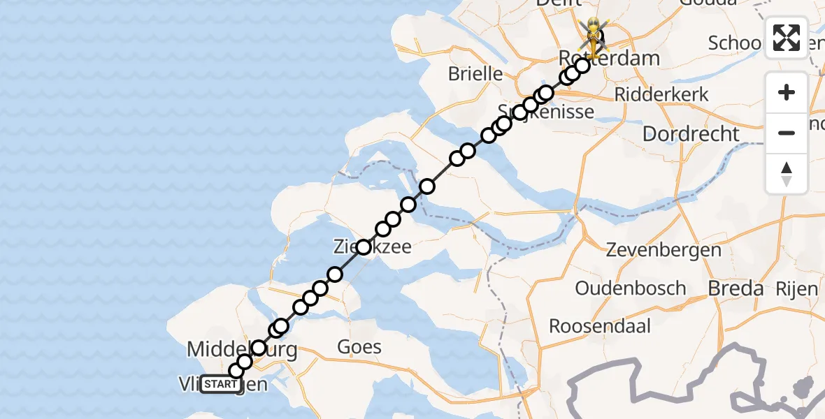 Vluchtroute Traumahelikopter Vlissingen - Rotterdam The Hague Airport, 18 juni 2026, 19:04