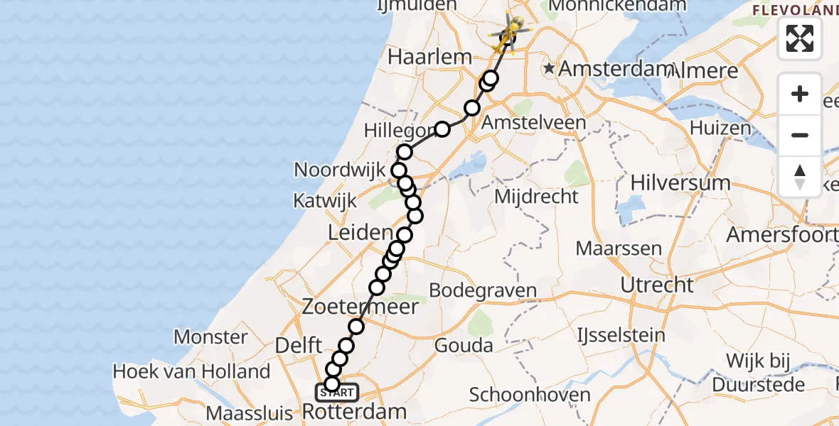 Vluchtroute Traumahelikopter Rotterdam The Hague Airport - Amsterdam Heliport, 18 juni 2026, 19:38