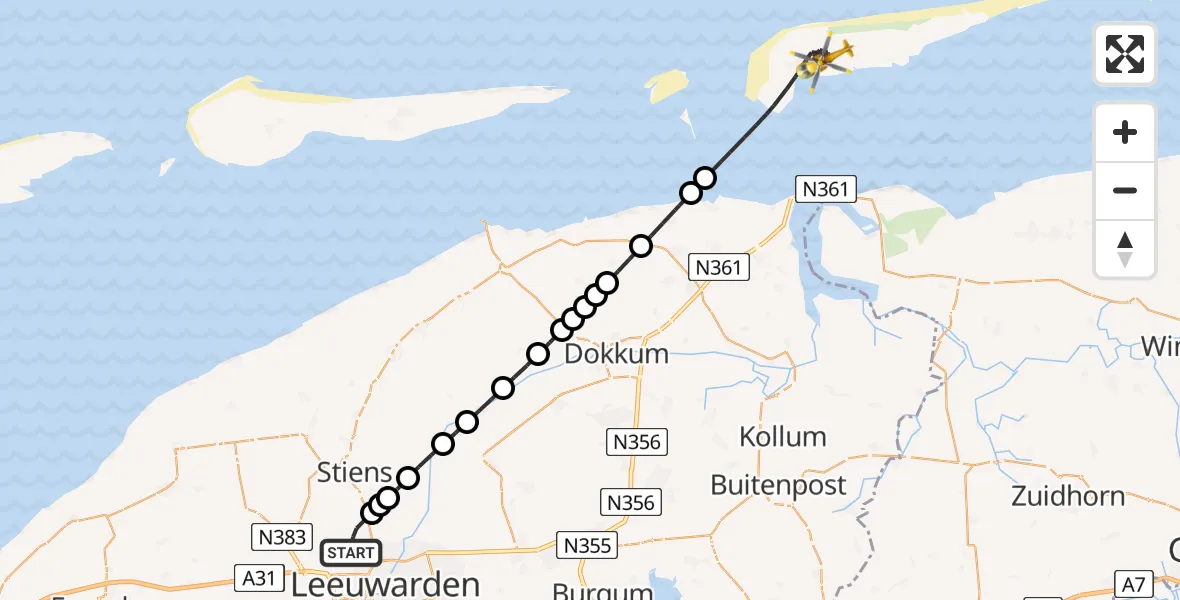 Vluchtroute Ambulancehelikopter Vliegbasis Leeuwarden - Noordzee, 18 juni 2026, 19:58