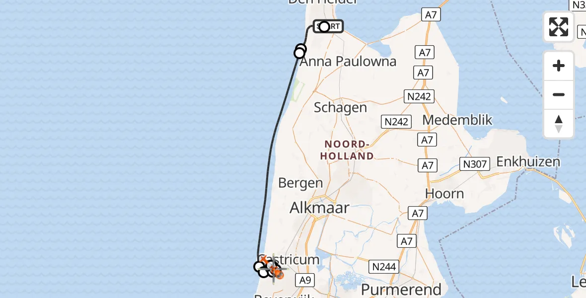 Vluchtroute Kustwachthelikopter Militair vliegveld De Kooy / Den Helder Airport - Zweefvliegveld Castricum, 18 juni 2026, 20:25