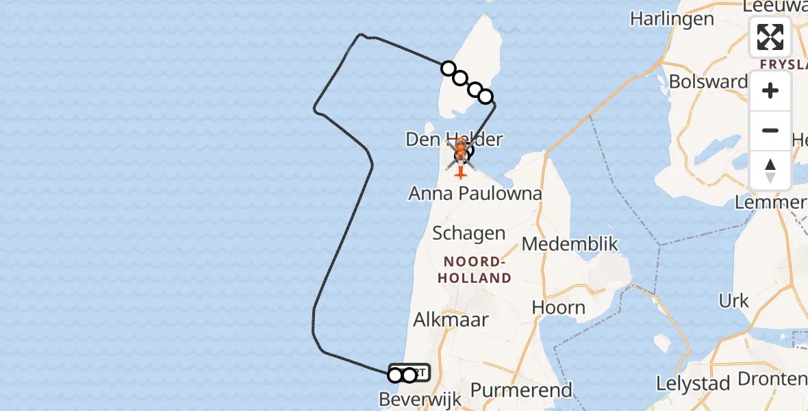 Vluchtroute Kustwachthelikopter Zweefvliegveld Castricum - Militair vliegveld De Kooy / Den Helder Airport, 18 juni 2026, 20:52