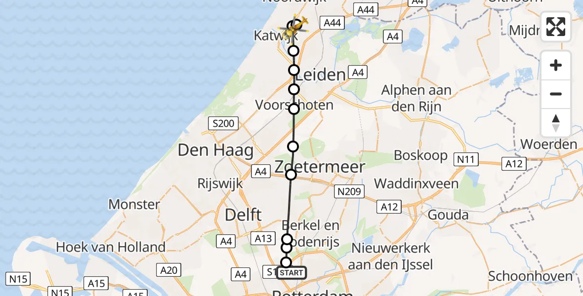 Vluchtroute Traumahelikopter Rotterdam The Hague Airport - Rijnsburg, 19 juni 2026, 06:31