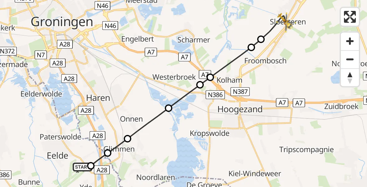 Vluchtroute Traumahelikopter Groningen Airport Eelde - Slochteren, 19 juni 2026, 07:00