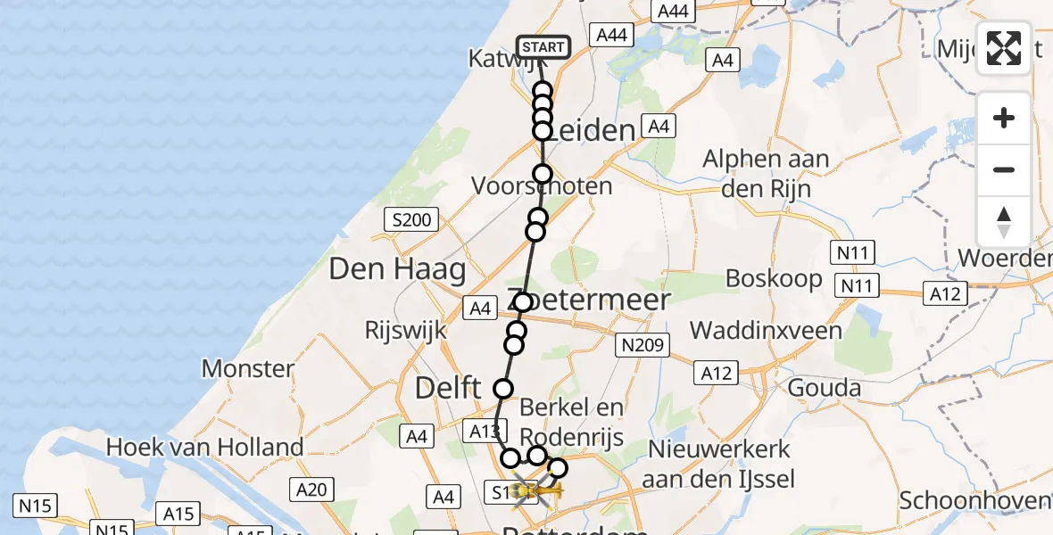 Vluchtroute Traumahelikopter Rijnsburg - Rotterdam, 19 juni 2026, 07:40