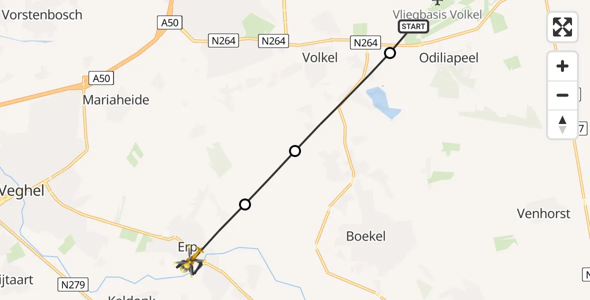 Vluchtroute Traumahelikopter Vliegbasis Volkel - Erp, 19 juni 2026, 08:20