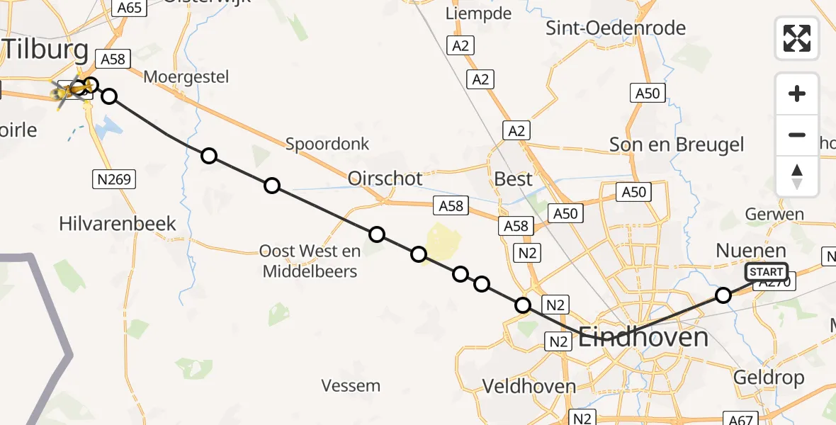 Vluchtroute Traumahelikopter Nuenen - St. Elisabeth Hospital Heliport, 19 juni 2026, 09:27