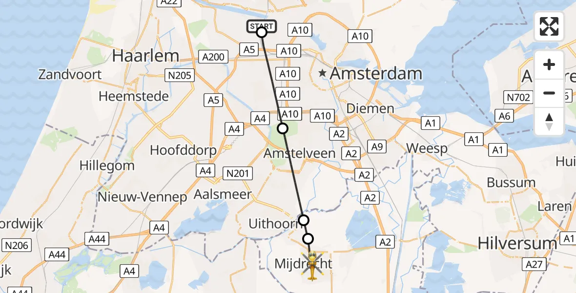 Vluchtroute Traumahelikopter Amsterdam Heliport - Mijdrecht, 19 juni 2026, 09:31