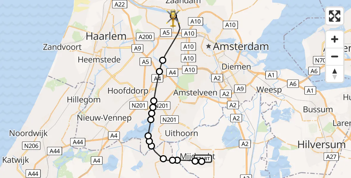 Vluchtroute Traumahelikopter Mijdrecht - Amsterdam Heliport, 19 juni 2026, 09:59