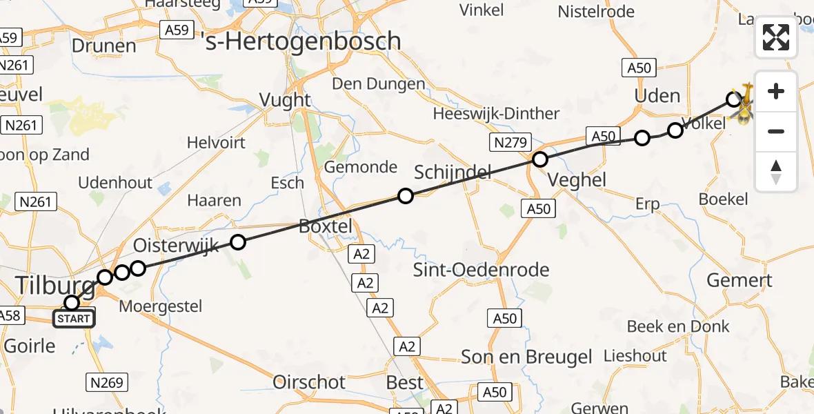 Vluchtroute Traumahelikopter St. Elisabeth Hospital Heliport - Vliegbasis Volkel, 19 juni 2026, 10:06
